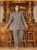Yufta Ethnic Motifs Print Navy Blue Cotton Co-Ord Set | Grocsy