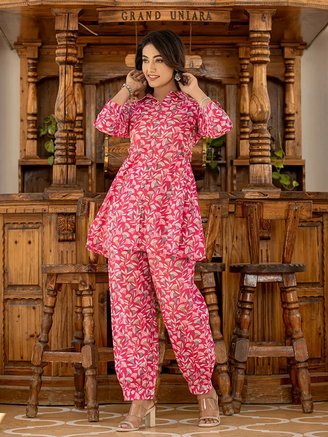 Yufta Ethnic Motifs Print Pink Cotton Co-Ord Set | Grocsy