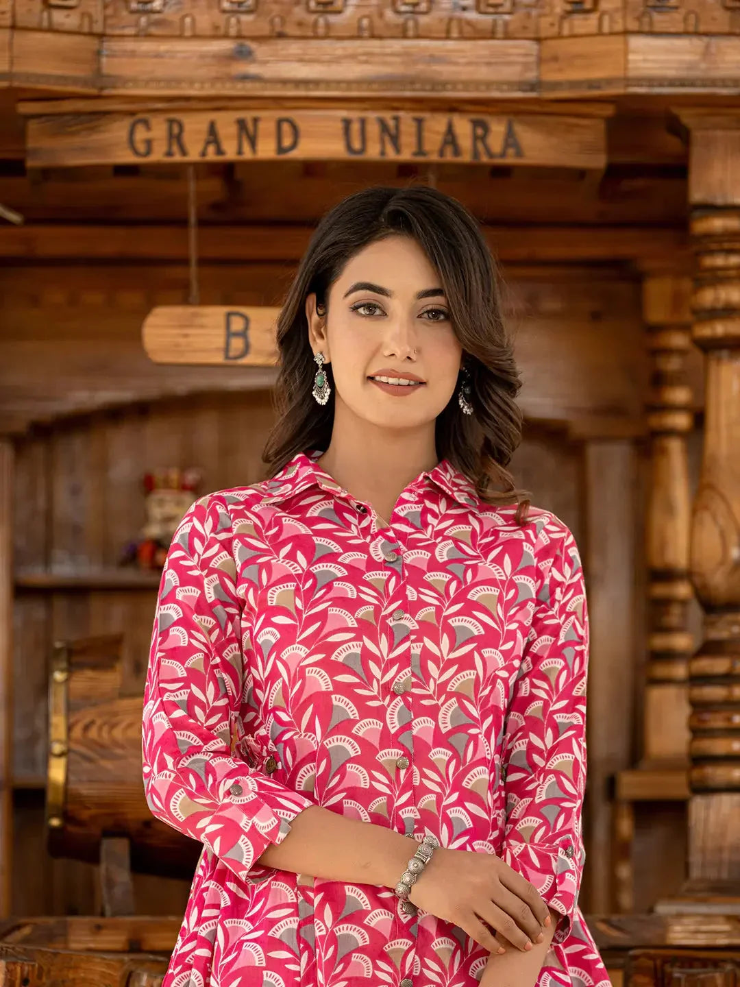 Yufta Ethnic Motifs Print Pink Cotton Co-Ord Set | Grocsy