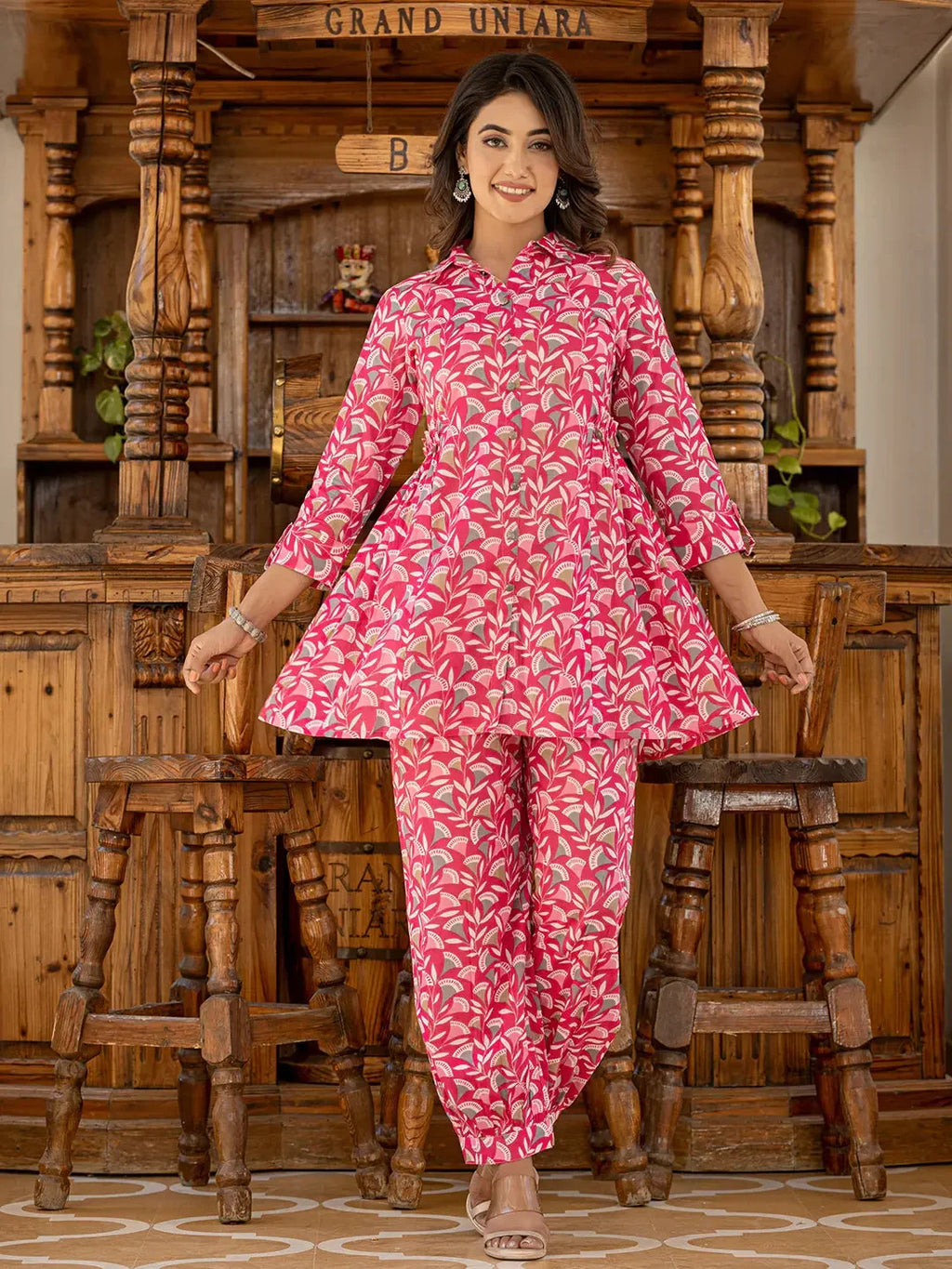 Yufta Ethnic Motifs Print Pink Cotton Co-Ord Set | Grocsy