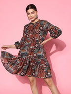 Yufta Ethnic Motifs Print Puff Sleeves Tiered Fit & Flare Pure Cotton Dress | Grocsy