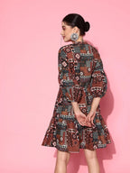 Yufta Ethnic Motifs Print Puff Sleeves Tiered Fit & Flare Pure Cotton Dress | Grocsy