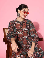 Yufta Ethnic Motifs Print Puff Sleeves Tiered Fit & Flare Pure Cotton Dress | Grocsy