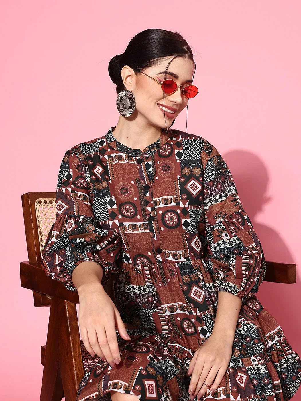 Yufta Ethnic Motifs Print Puff Sleeves Tiered Fit & Flare Pure Cotton Dress | Grocsy