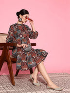 Yufta Ethnic Motifs Print Puff Sleeves Tiered Fit & Flare Pure Cotton Dress | Grocsy