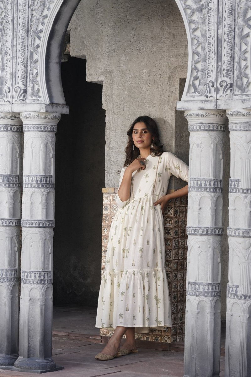 Ahalyaa Tropical Printed Gathered Empire Ethnic Dress | Grocsy