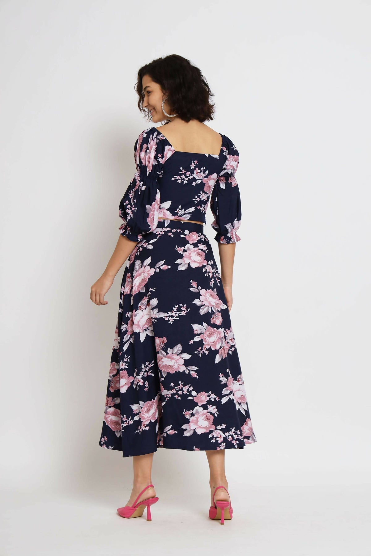 Blue Crepe Floral Printed Top with Matching Skirt - Shivani | Grocsy