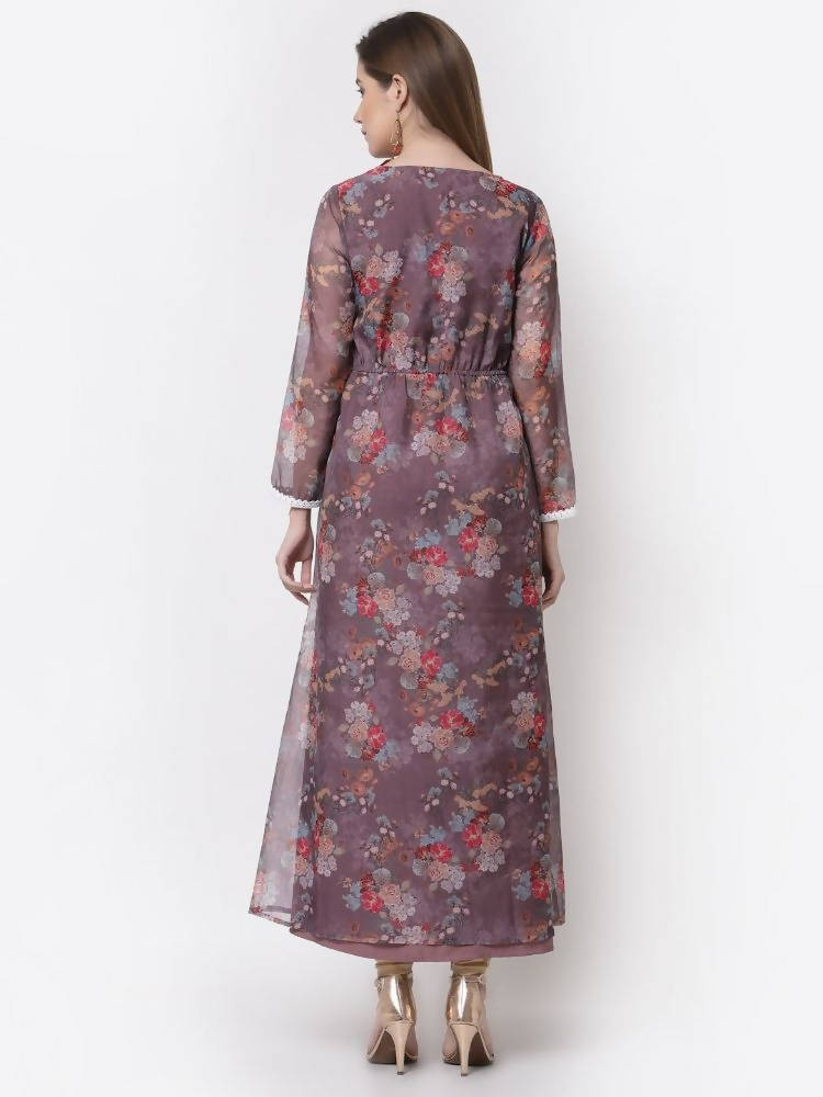 Myshka Mauve Color Organza Printed Dress | Grocsy
