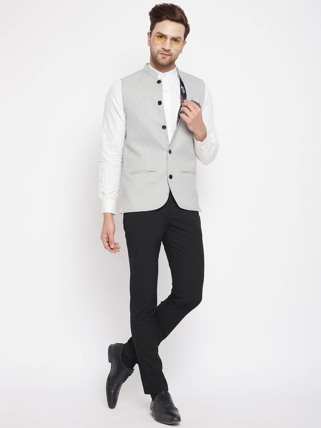 Even Apparels Grey Merino Men's Nehru Jacket-Contrast Lining-Free Pocket Square | Grocsy