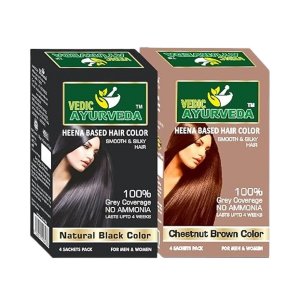 VedicAyurveda Henna Based Hair Colour, Natural Black and Chestnut Brown | Grocsy