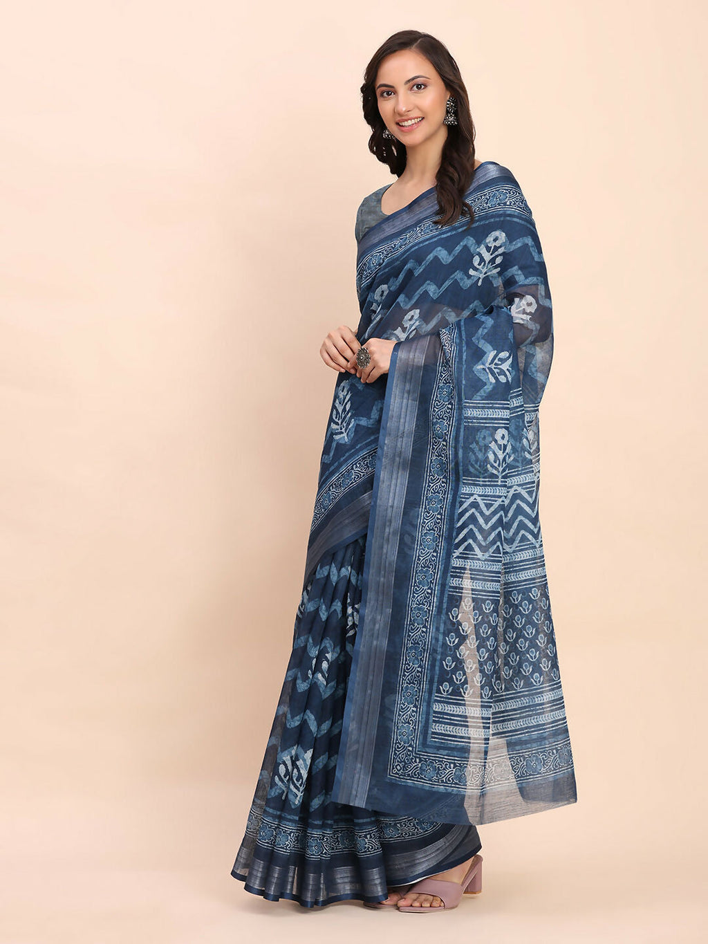 Shree Shyam Fashion Linen Cotton Indigo Blue Saree | Grocsy