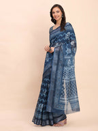 Shree Shyam Fashion Linen Cotton Indigo Blue Saree | Grocsy