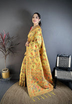 Elora Yellow Pashmina Silk  Floral & Leaf Elements Madhubani Design Kashmiri Saree | Grocsy