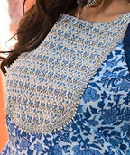 Yufta Women Blue Printed Pure Cotton Anarkali Kurta with Trouser & With Dupatta | Grocsy