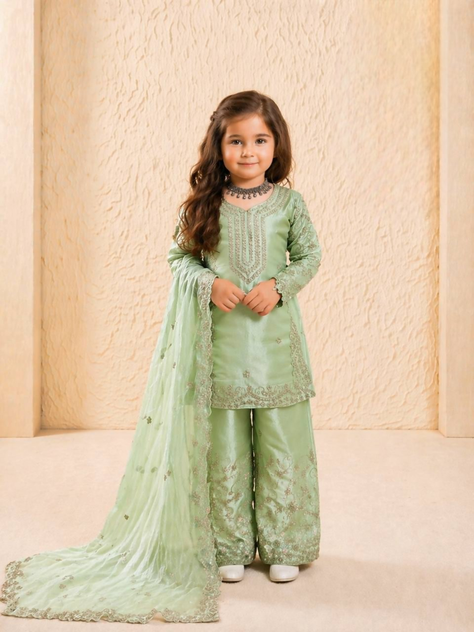Teeya Creation New Kids Wedding Wear Heavy Embroidery Sequence Work Kurta Sharara Set-Green | Grocsy