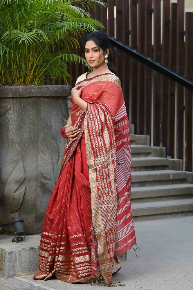 Beatitude Red Cotton Stripes Border Handloom Saree | Grocsy