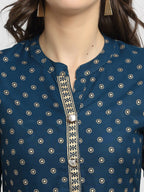 Rudra Bazaar A-Line Gold Floral Printed Turquoise Blue Kurti | Grocsy