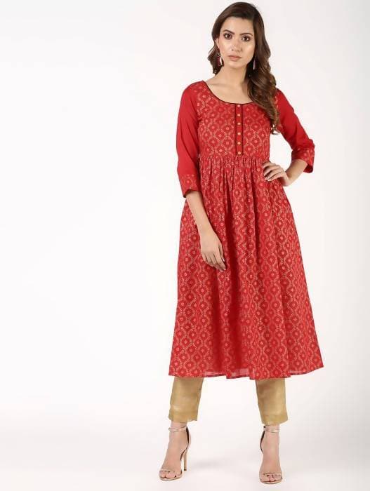 Aniyah Cotton Block Print Flared Kurta In Red (AN-151K) | Grocsy