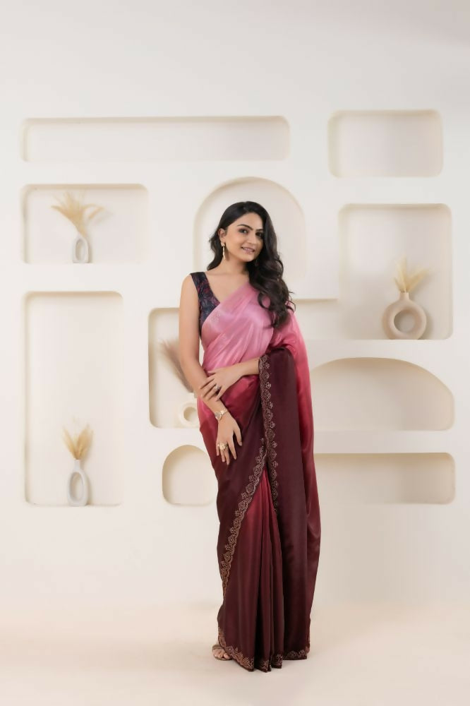 Pink Satin Pedding Designer, Printed Party Wear Ready To Wear Saree - Femina | Grocsy