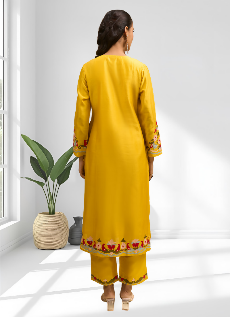 Joban Fashion Yellow Silk Embroidered Readymade Long Kurta With Pant | Grocsy