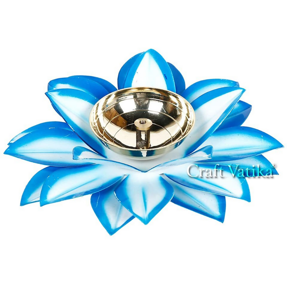 CraftVatika Brass Diya Oil Lamp Stand Lotus Kamal Patti Diyas - Sky Blue | Grocsy