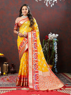 Lorenvalley Fashion Yellow Organza Silk Woven Design with Meenakari Weaving Saree | Grocsy