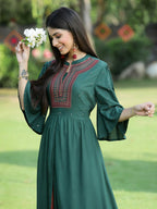 Juniper Jade Green Ethnic Motif Printed Rayon High-Slit Kurta & Palazzo Set With Thread Work Embroidery | Grocsy