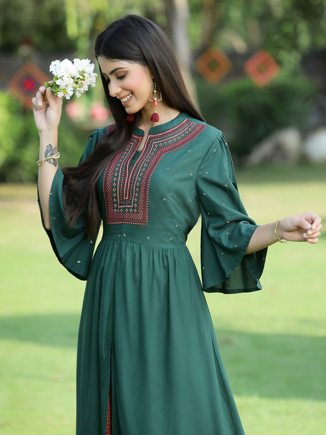 Juniper Jade Green Ethnic Motif Printed Rayon High-Slit Kurta & Palazzo Set With Thread Work Embroidery | Grocsy