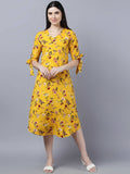 Myshka Women Yellow Floral Printed Flared Sleeves Thread Work Crepe Kurta | Grocsy