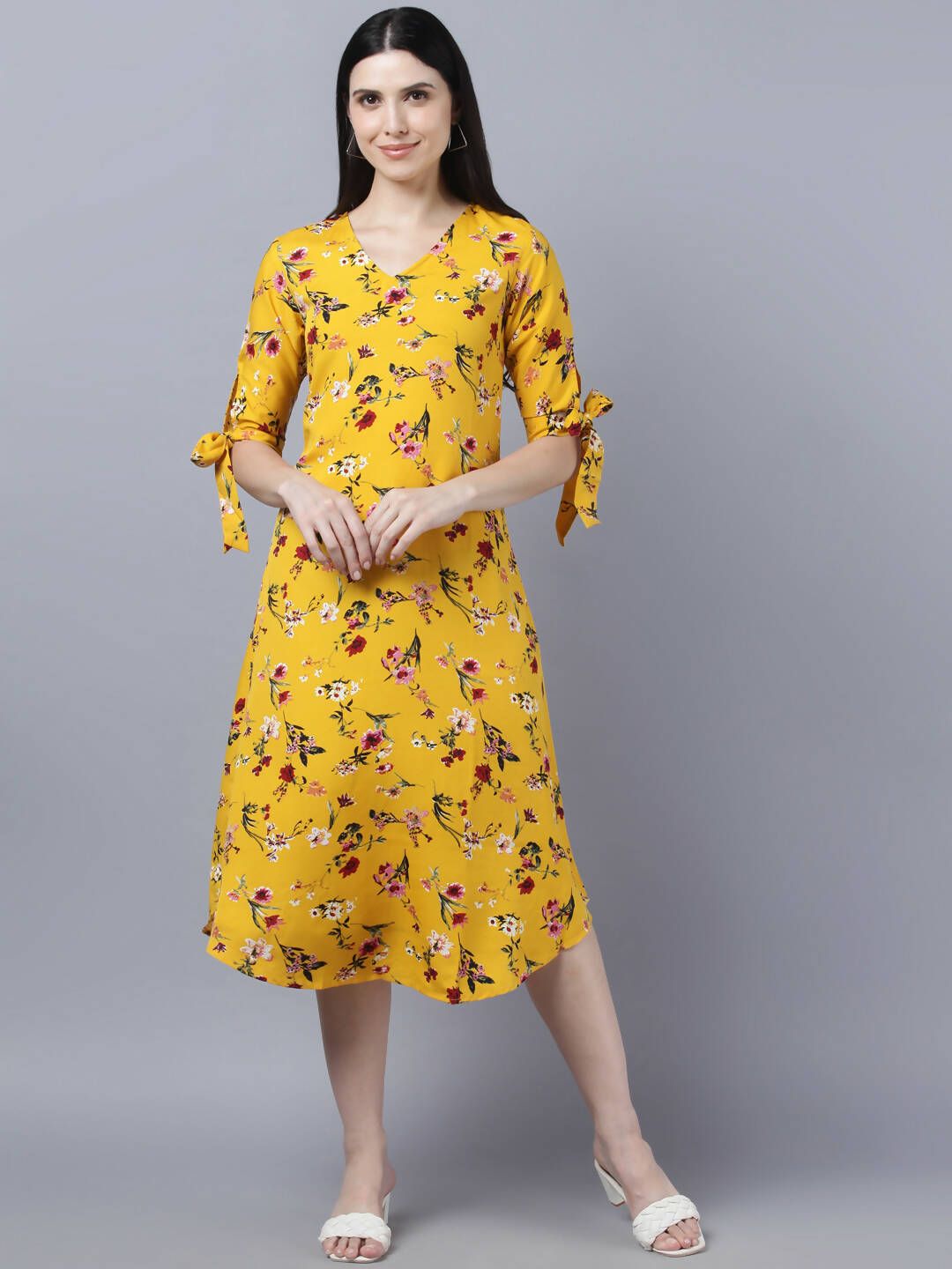 Myshka Women Yellow Floral Printed Flared Sleeves Thread Work Crepe Kurta | Grocsy