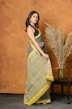 Very Much Indian Handblock Printed Cotton Saree With Natural Dyes - Black & White | Grocsy