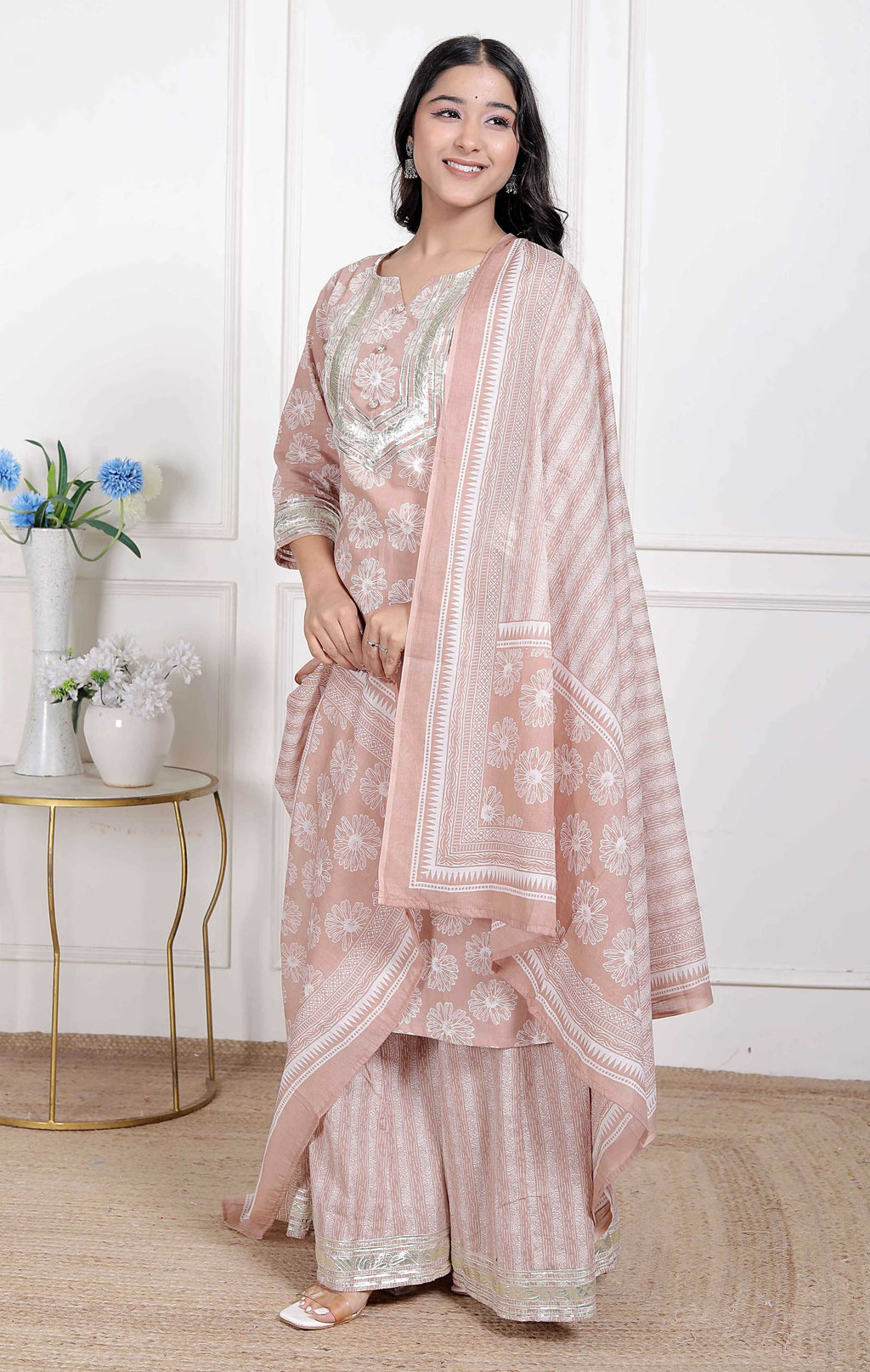 Miravan Women Brown Floral Printed Cotton Straight Ethnic Kurta with Palazzo and Dupatta | Grocsy