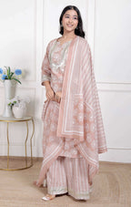 Miravan Women Brown Floral Printed Cotton Straight Ethnic Kurta with Palazzo and Dupatta | Grocsy