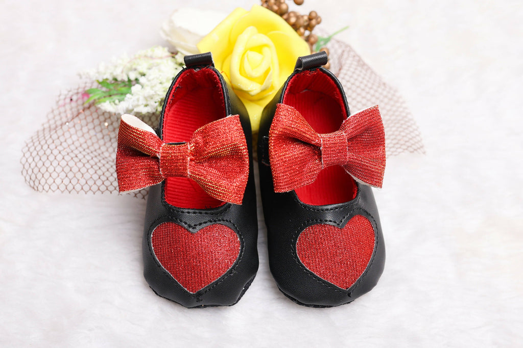 Tiny Bugs Girls Heart Bow Detailing Booties - Black & Red | Grocsy