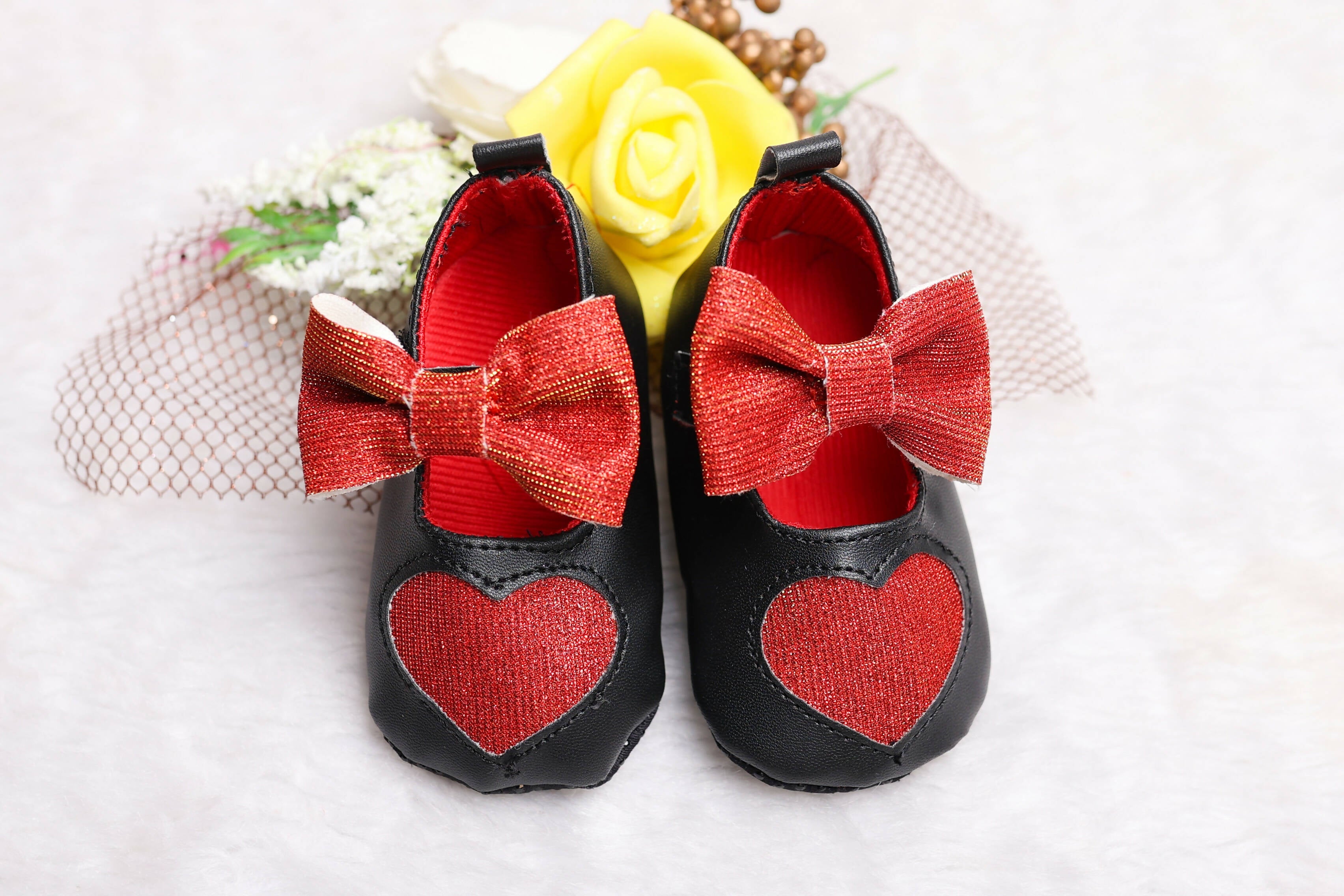 Tiny Bugs Girls Heart Bow Detailing Booties - Black & Red | Grocsy