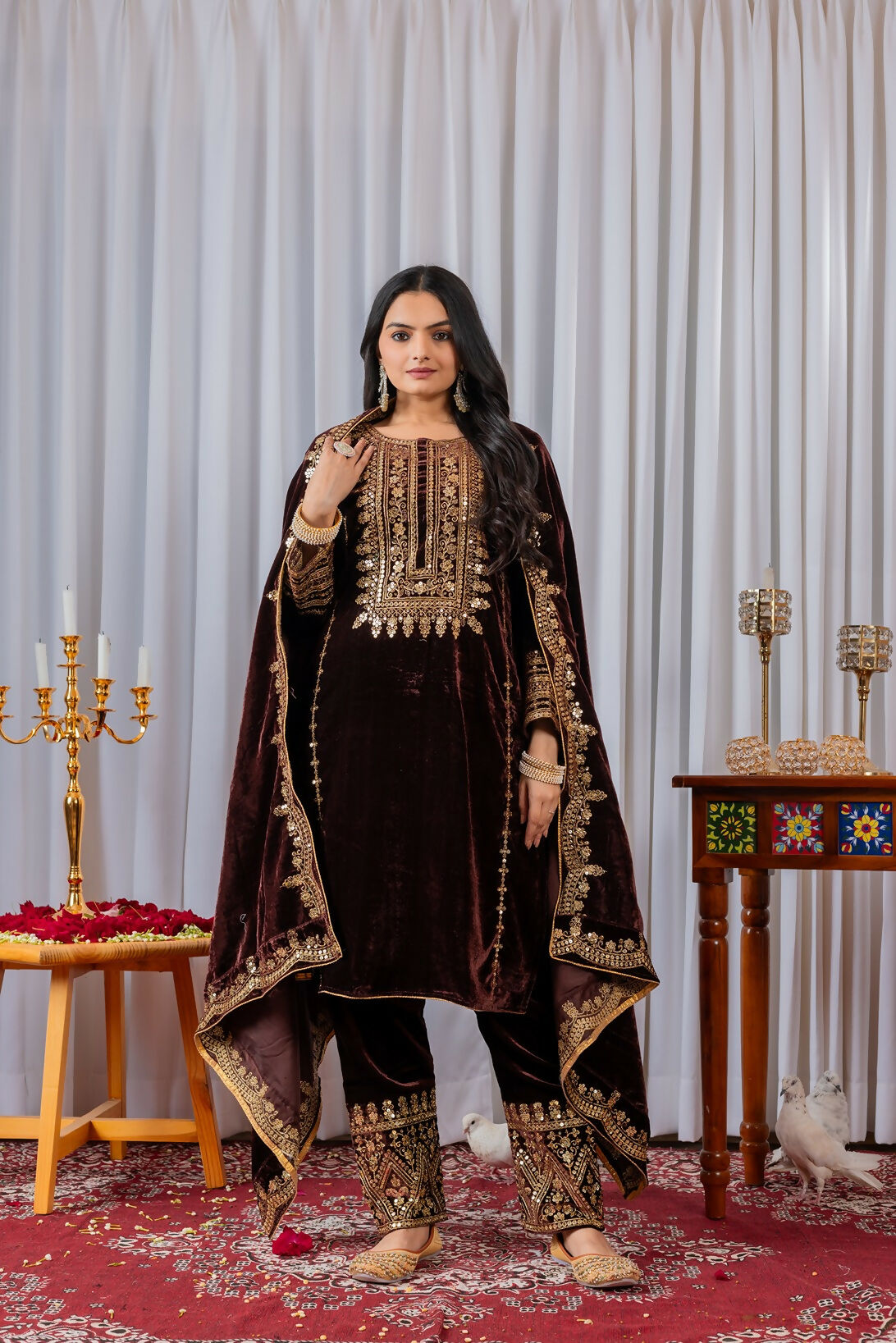 Joban Fashion Wine Velvet Sequence Embroidery Work Kurta Set | Grocsy