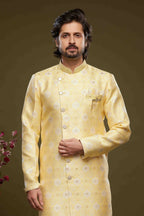 Raivat Ethnic Banarasi Jacquard Embroidery Semi Indo Western Sherwani In Yellow Colour | Grocsy