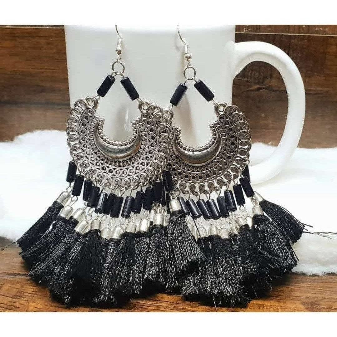 MS Fashion India Black Color Threads Oxidized Silver Afghani Chandbali Earrings | Grocsy