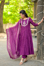 The52 Women's Beautiful Cotton Fabric Embroidery Work Flared Anarkali Pant and Dupatta Set | Grocsy