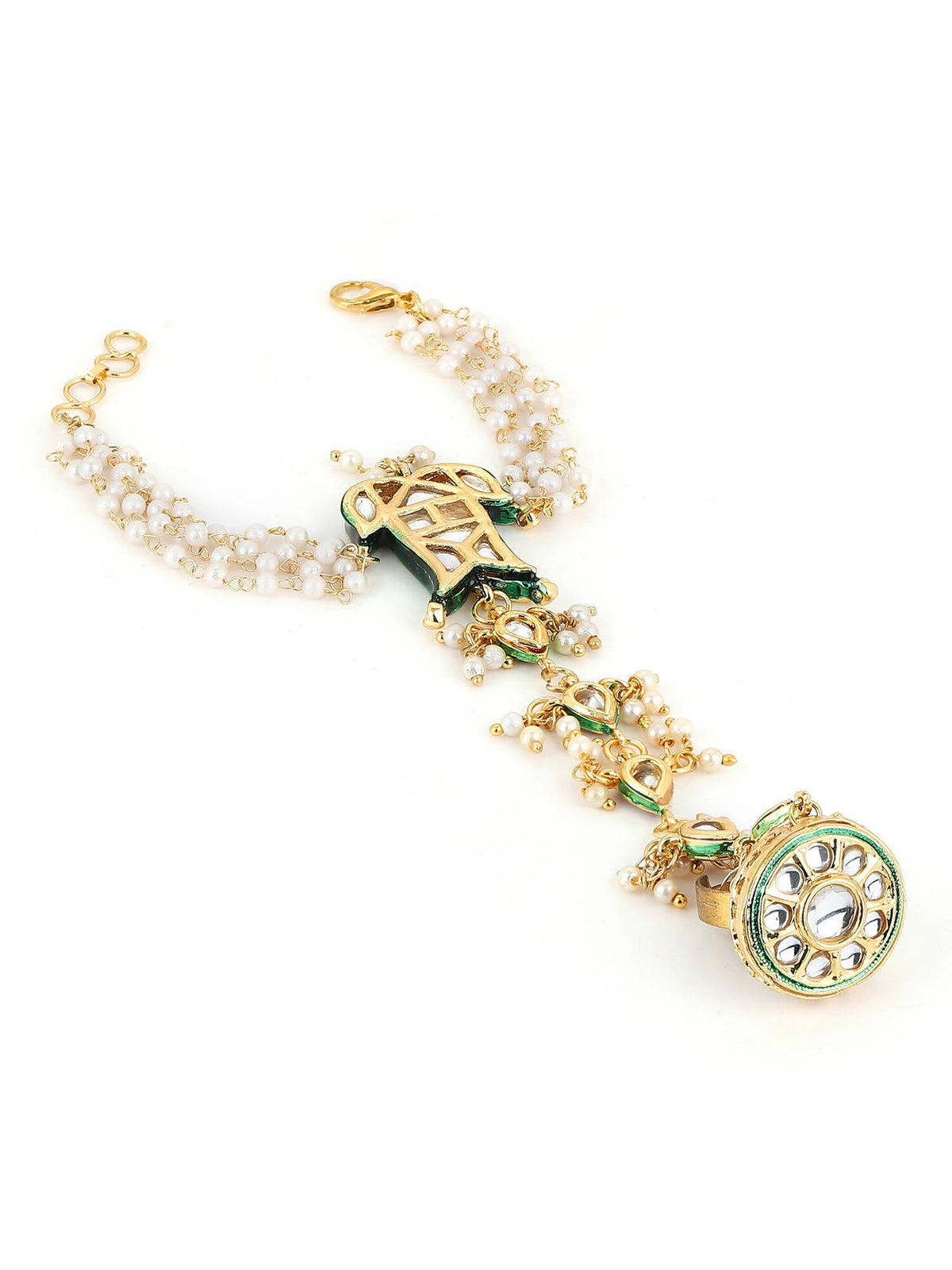Women's Gold-Toned White Brass Kundan Gold-Polished Link Bracelet - Ruby Raang | Grocsy