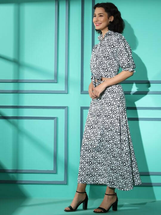 White Crepe Geometric Printed Top with Matching Skirt - Shivani | Grocsy