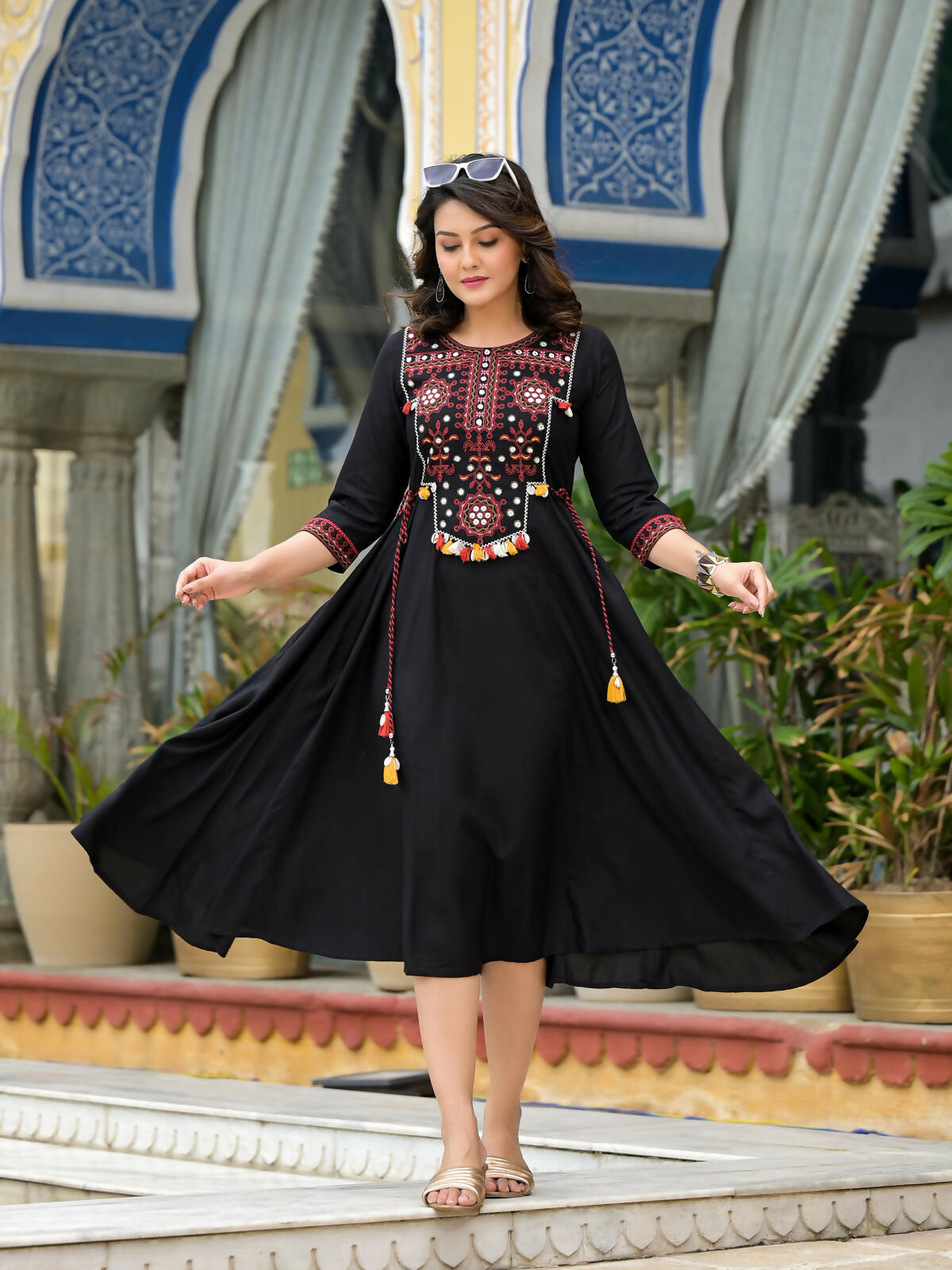 Juniper Women's Black Thread Embroidered Liva Rayon A-Line Dress With Tassel Kaudis & Doris At Waist | Grocsy