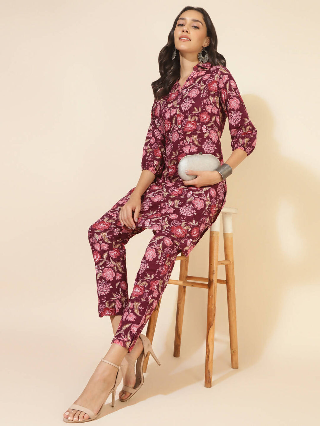 Janasya Women's Purple Cotton Floral Printed Casual Straight Kurta Set | Grocsy
