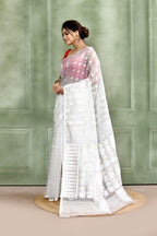 Piyari Fashion Women's White Embellished Cotton Blend Jamdani Saree | Grocsy