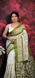 Exclusive Collection Beautiful Batique Print Green Pure Cotton Hand Print Handloom Saree With Running Blouse Piece | Grocsy