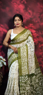 Exclusive Collection Beautiful Batique Print Green Pure Cotton Hand Print Handloom Saree With Running Blouse Piece | Grocsy