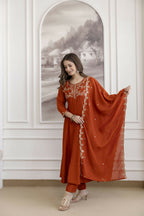 The52 Orange Women's Beautiful Vichitra Silk Fabric Embroidered Work Flared Anarkali Pant and Dupatta Set | Grocsy