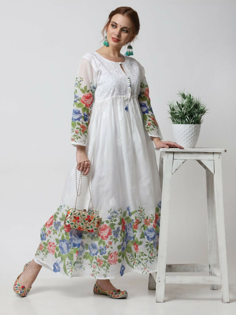 Cheera Women Stylish Hand Chikenkari And Digital Printe Cotton Organza Flared Anarkali Kurta - White | Grocsy