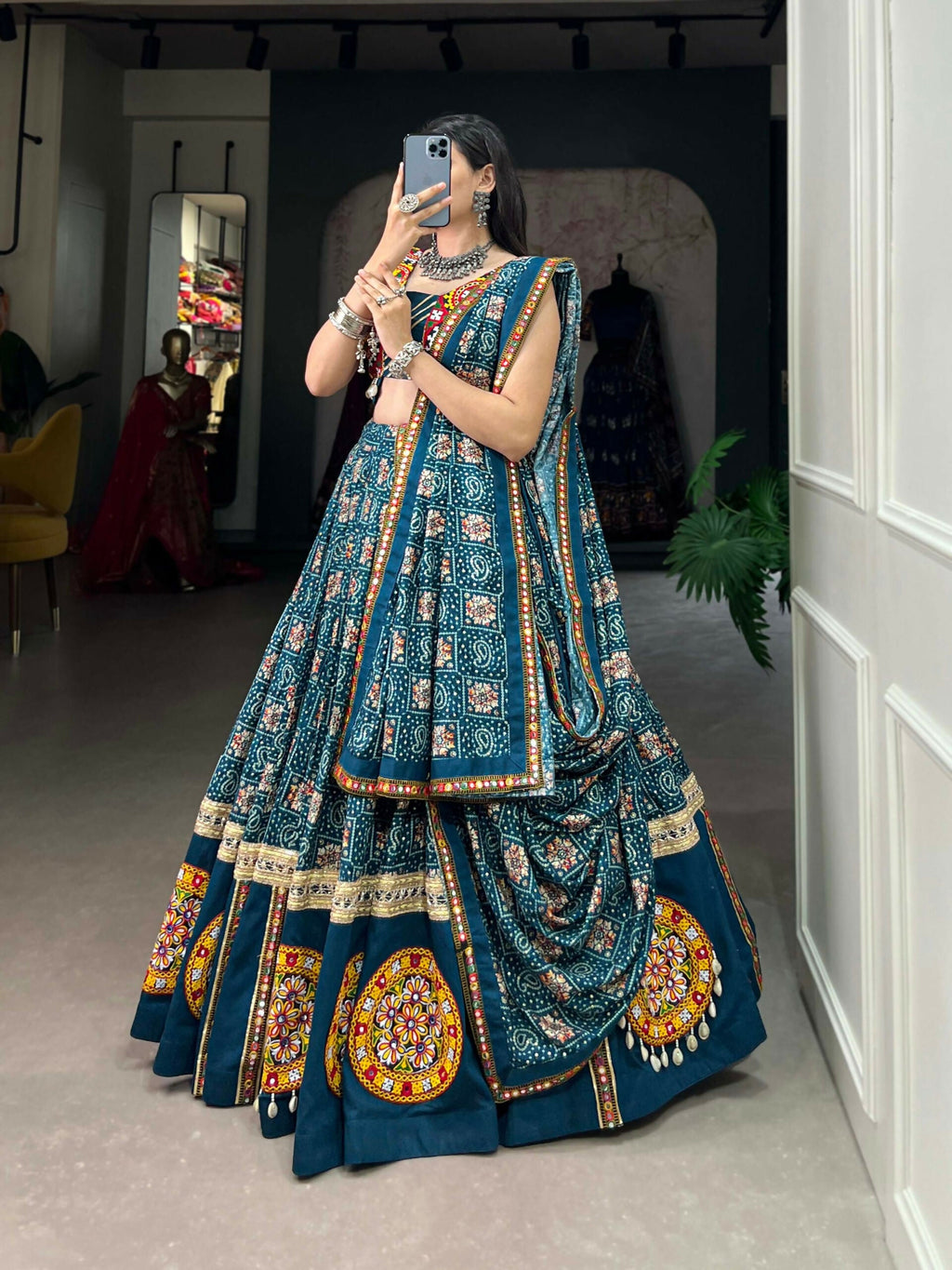 Vastranavya Navaratri Special Pure Rayon Printed With Foil Work And Gamthi Patch Work With Lace Touch Up Lehenga with Stitched Blouse - Teal | Grocsy
