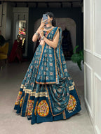 Vastranavya Navaratri Special Pure Rayon Printed With Foil Work And Gamthi Patch Work With Lace Touch Up Lehenga with Stitched Blouse - Teal | Grocsy